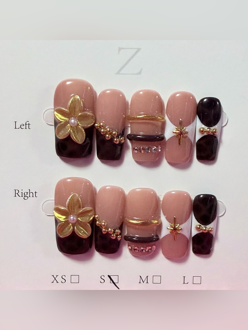 Nude Pink and Dark Brown Floral Accent Press-On Nail Set